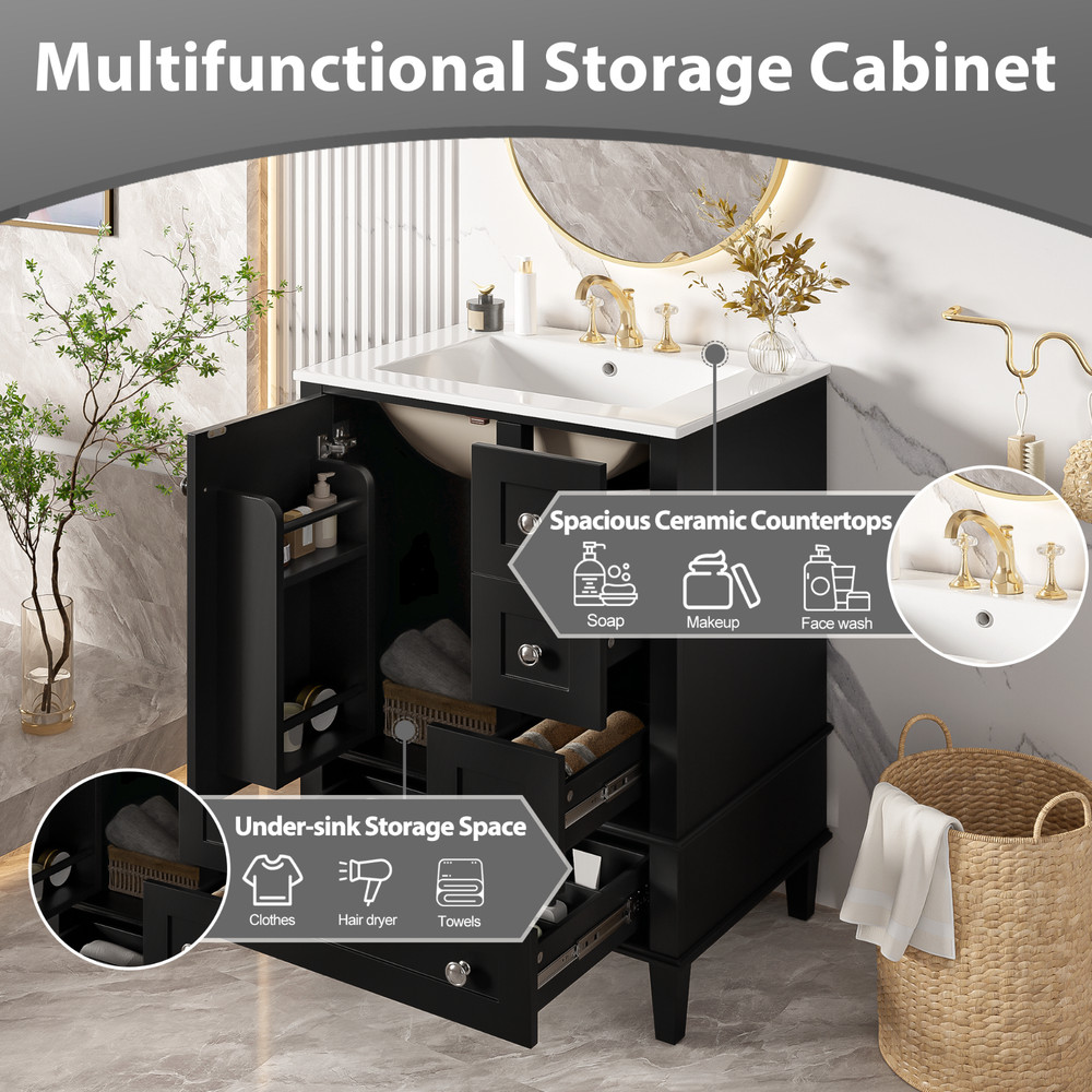 24" Bathroom Vanity with Ceramic Sink &Soft-close Drawers &Double-Layer Shelf