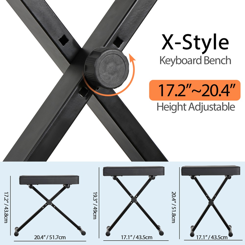 Adjustable Padded Metal Frame X-Style Secure Durable Keyboard Bench, Black