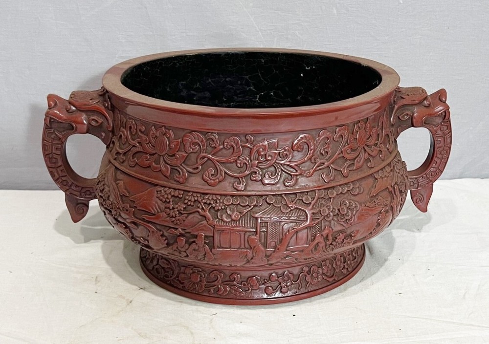 Large  Modern  Chinese  Red   Lacquerware  Incense  Burner  With  Mark     M4010