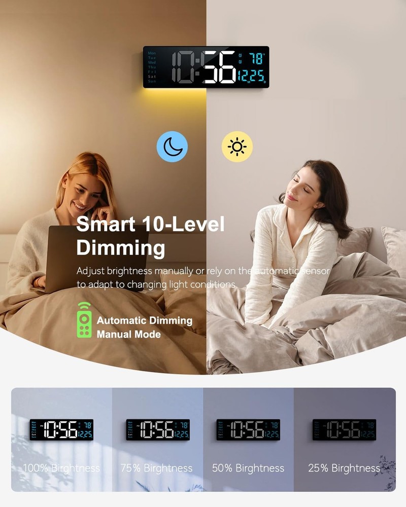 Digital Wall Clock, 16" Large Display Digital Clock with Night Light, Wall Cl...