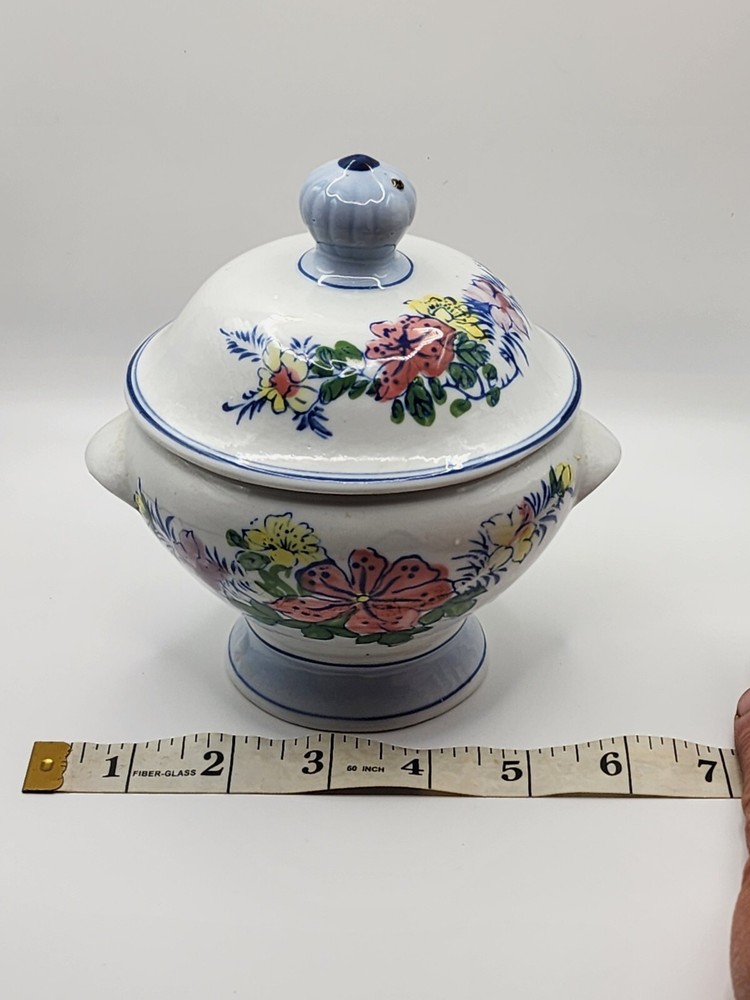 Decorative Kitchen White Blue Floral Ceramic Sugar Bowl With Lid