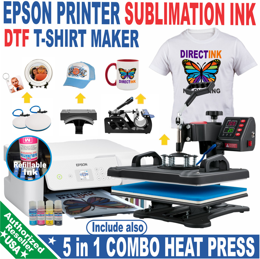 Epson Printer with Sublimation Ink Transfer 5 in 1 Heat Press DTF Start Bundle