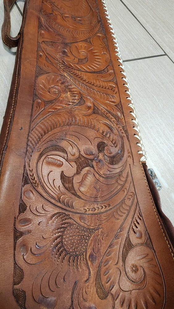 Vintage Hand Tooled Leather 51-52" Soft Sided Lined Rifle Gun Case Unknown Maker