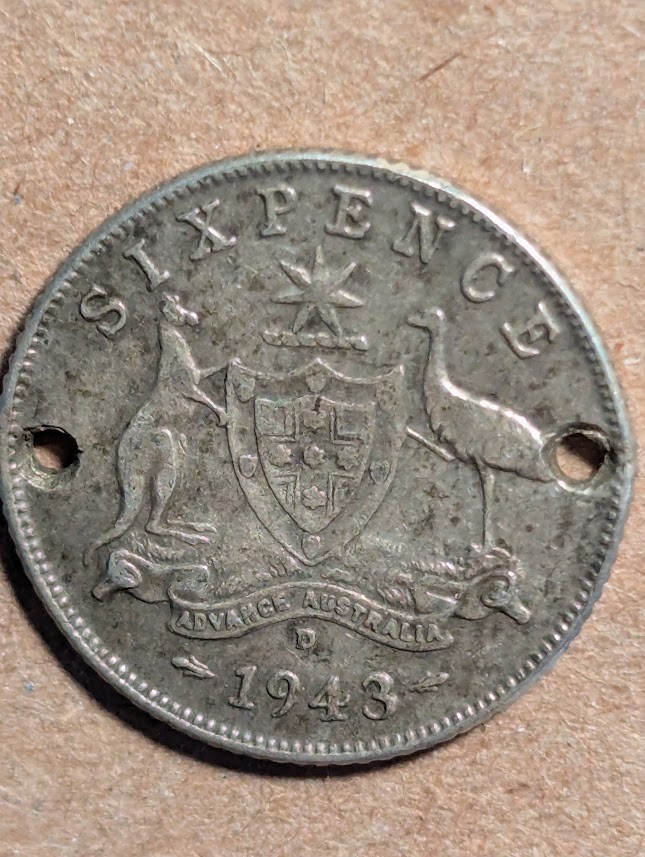 1943-D Australia 6 Pence Silver(Holed)