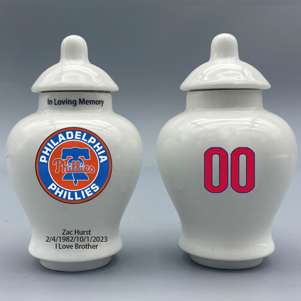 Ceramic Baseball Urn – Philadelphia Phillies Theme, Custom Text & Number