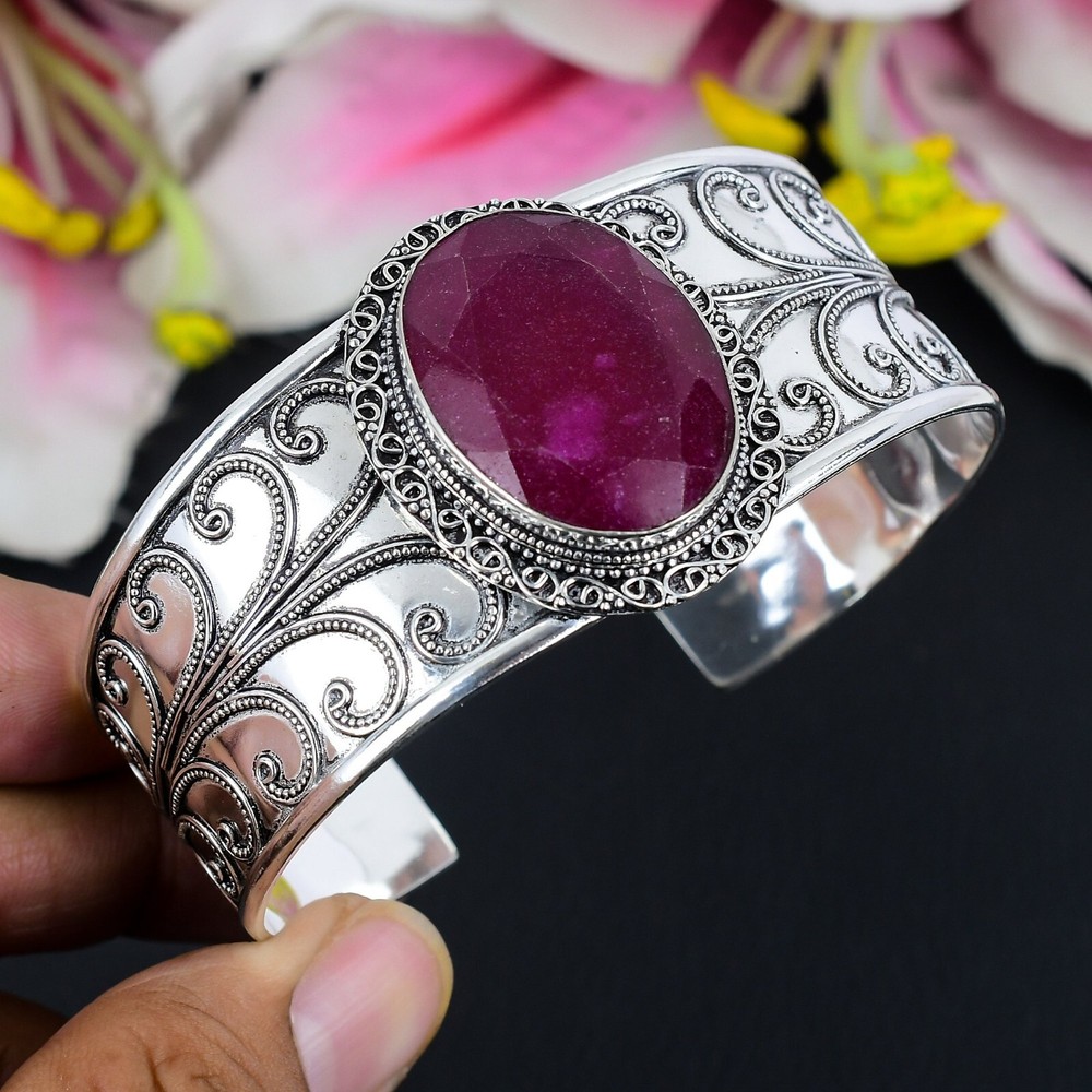 Lab Created Ruby Gemstone Handmade 925 Sterling Silver Bangle Adjustable Cuff