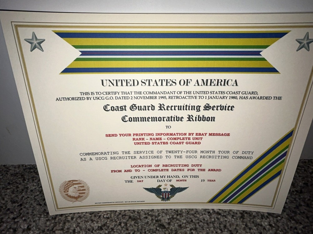 COAST GUARD RECRUITING SERVICE COMMEMORATIVE CERTIFICATE ~ W/PRINTING TYPE-1