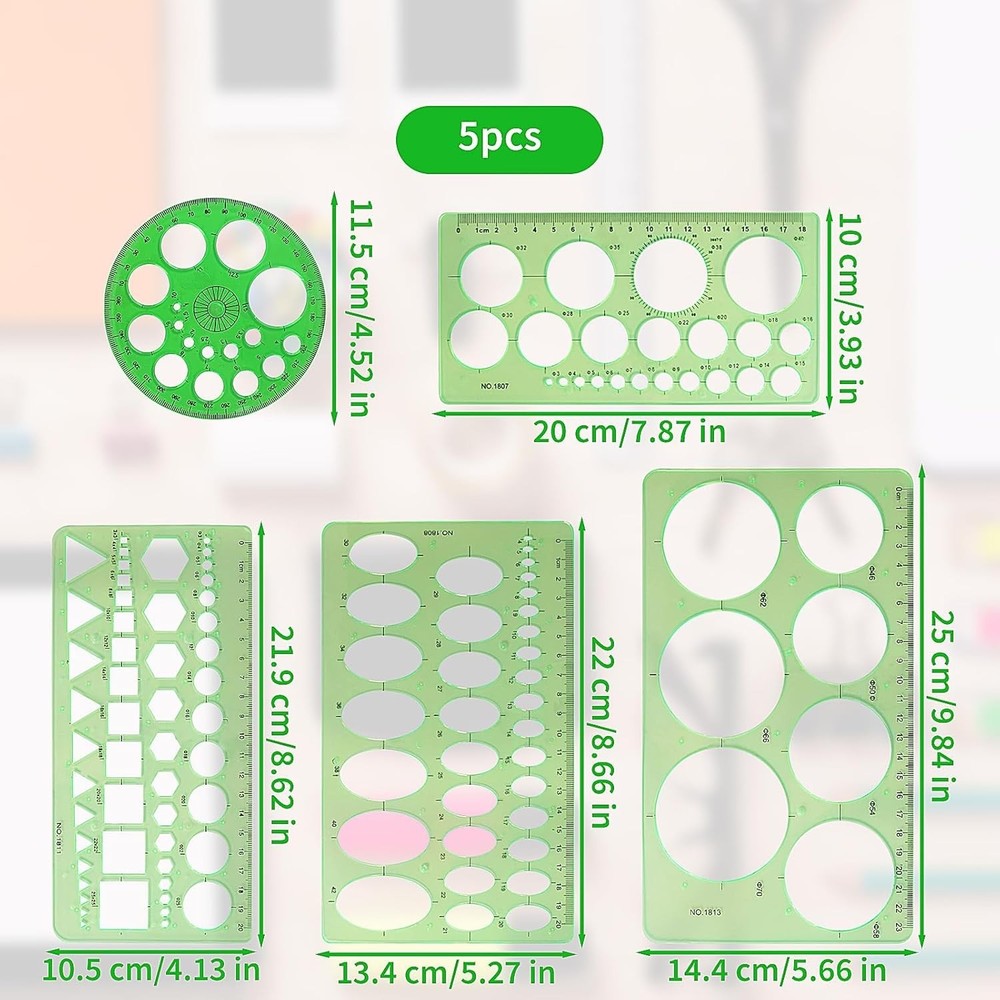 5pc Circle Oval Drawing Template Plastic Geometry Stencil Ruler for Office Schoo