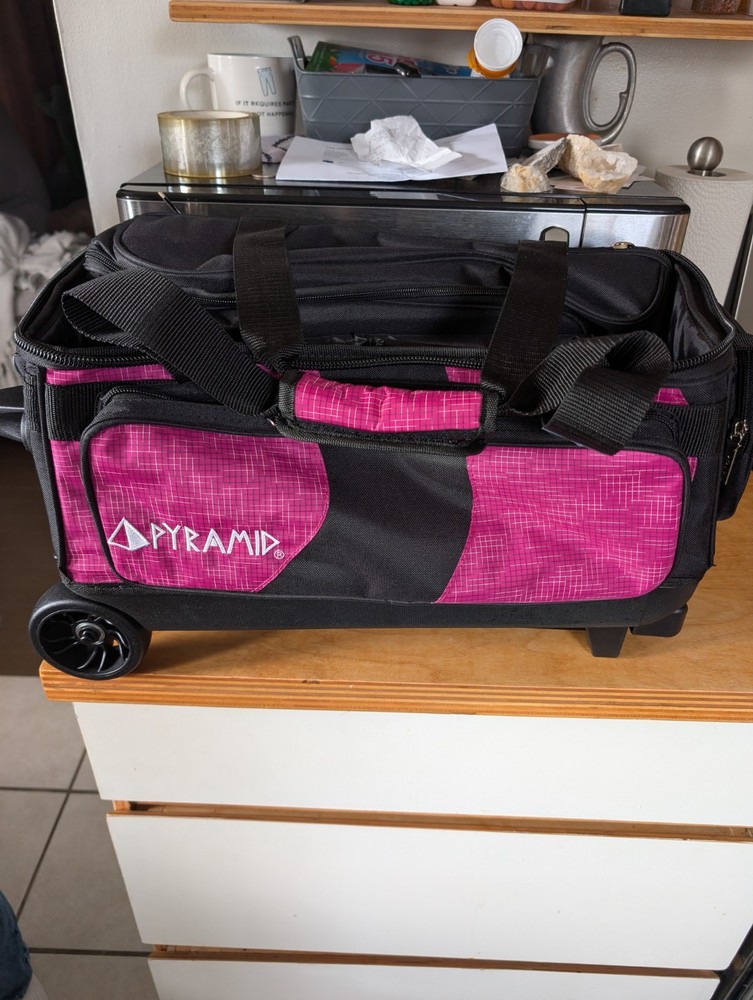 PYRAMID Pink Black Double Bowling Ball Roller Bag W/Wheels Adjustable Strap