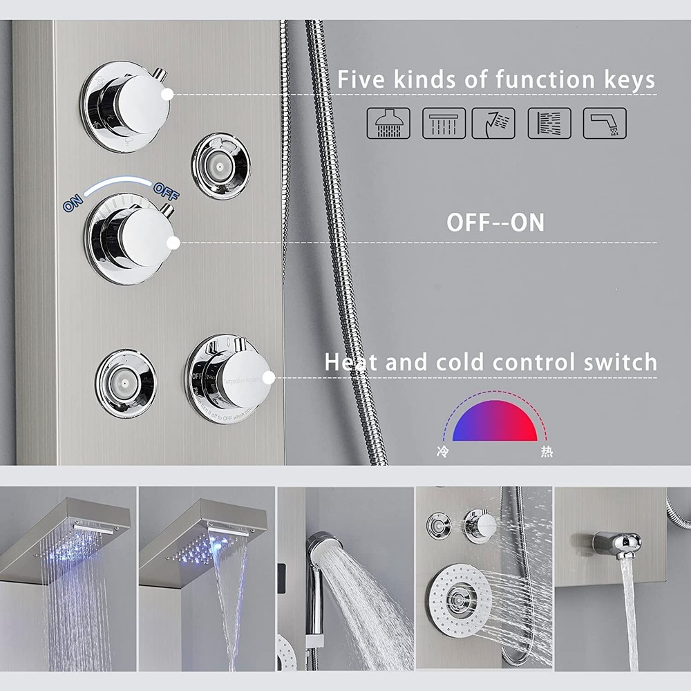 Stainless Steel 6 Functions Shower Panel Tower LED Rainfall Massage System Jets