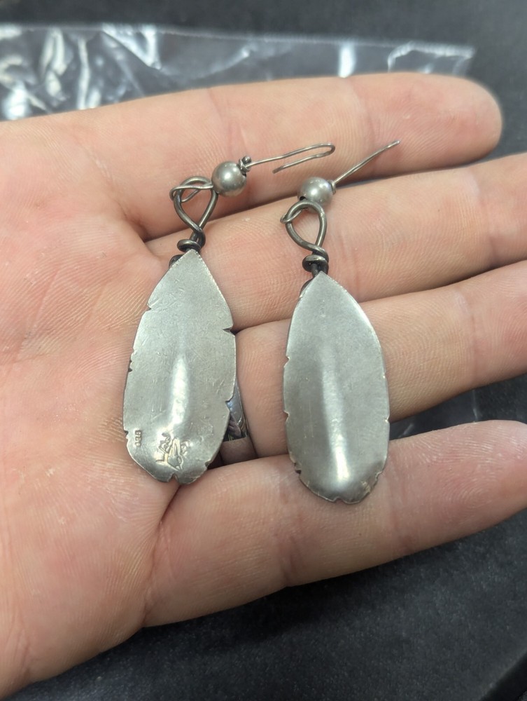 Large Sterling Silver Signed Native Feather Leaf Flower Dangle Drop Earrings