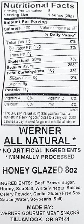 Werner Beef Jerky All Natural 8 Oz Honey Glazed