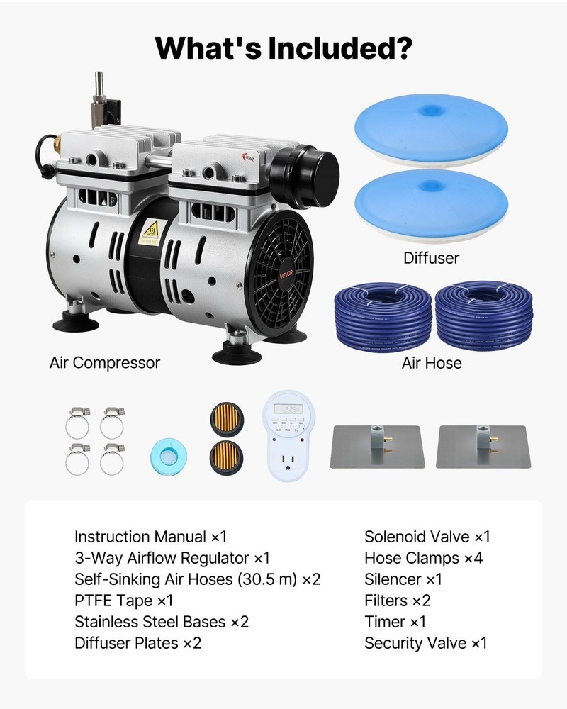 Deep Water Pond Aerator: 5.2CFM, 3/4HP Compressor, 2 Diffusers, 100ft Hoses