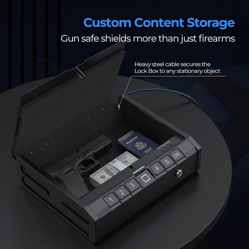 Quick Access Biometric Handgun Safe with Security Cable & Low Battery Warning