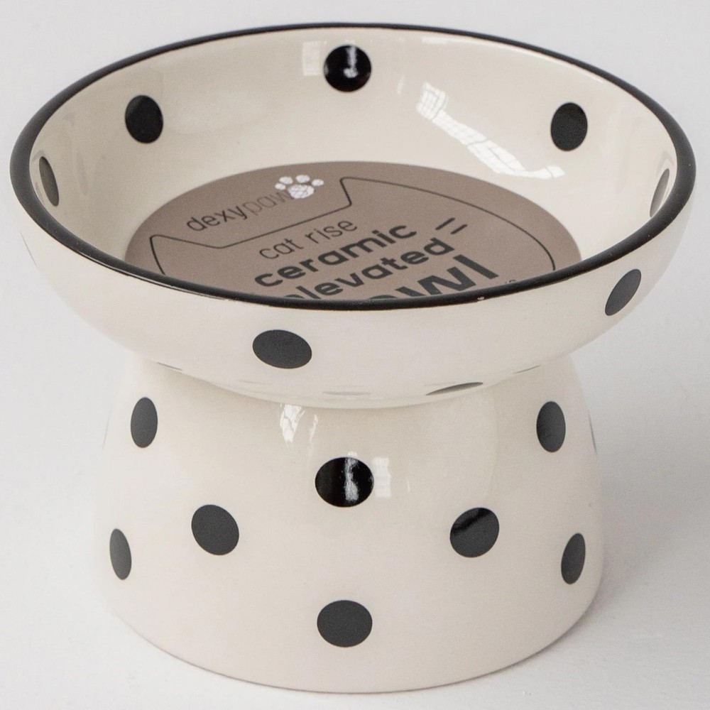 Dexypaws Elevated Ceramic Cat Bowl - White/Black Polka Dots - 8.7oz