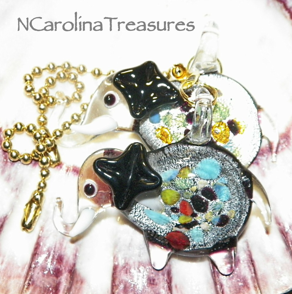 ELEPHANT BLACK SILVER FOIL ART GLASS MULTICOLOR CEILING FAN SWITCH PULL LG PAIR