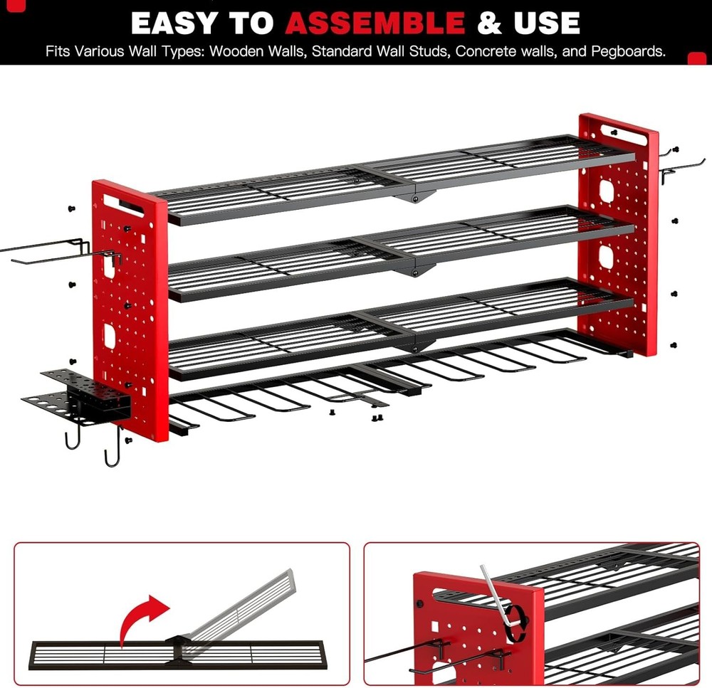 Power Tool Organizer Wall Mount Cordless Drill Rack 4 Layer 8 Holder Red