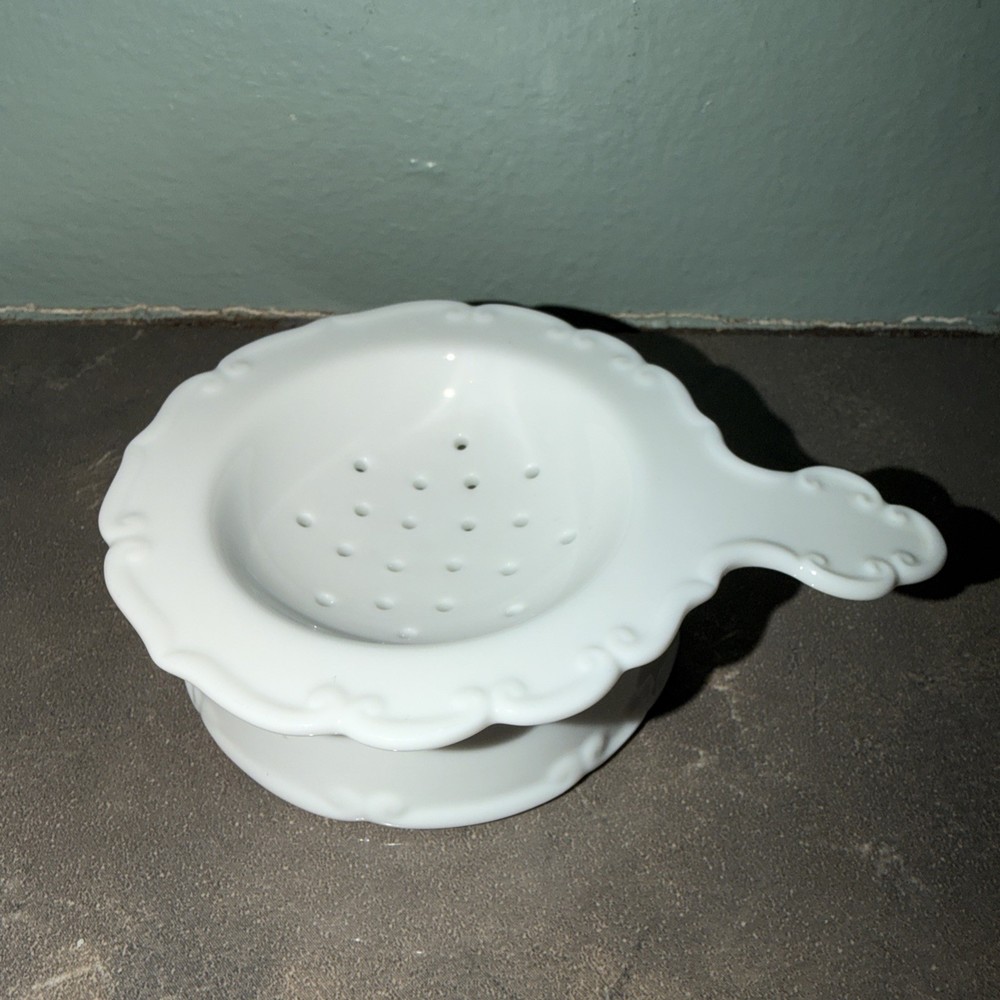 VINTAGE-  White Ceramic Tea Strainer With Receptacle