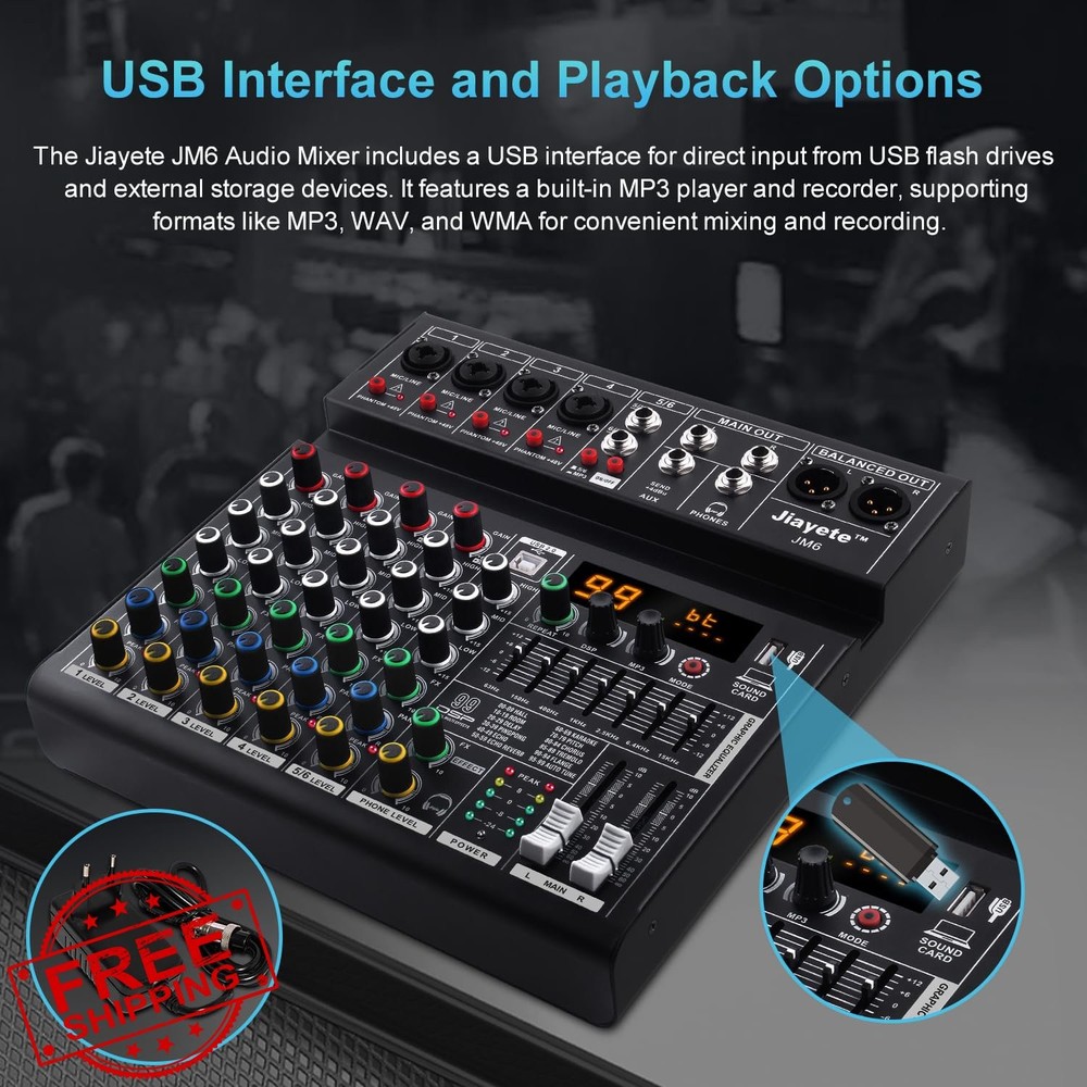 6 Channel DJ Mixer Bluetooth 99 Effects 48V Phantom Power USB