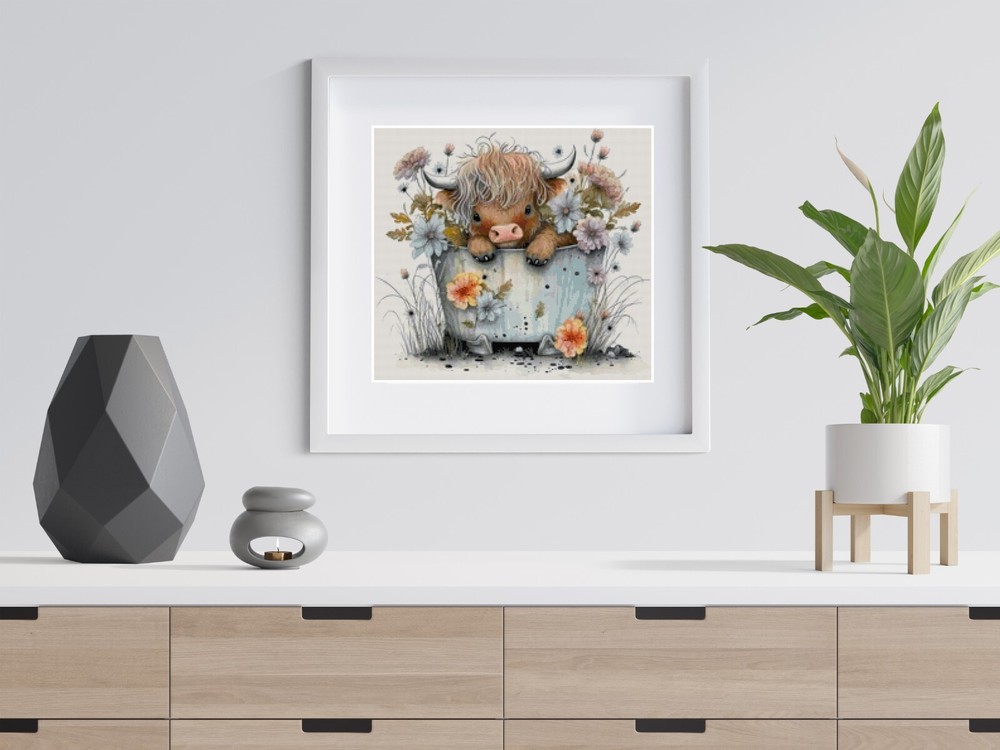 Highland Cow in Tub Counted Cross Stitch Pattern