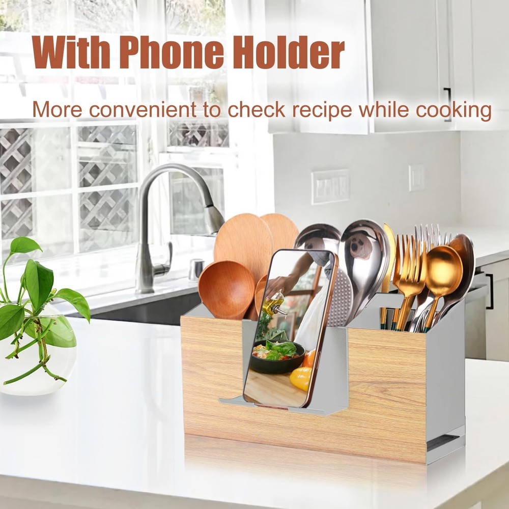 Utensil Holder Large Iron Flatware Container with 3 Compartments Countertop W...