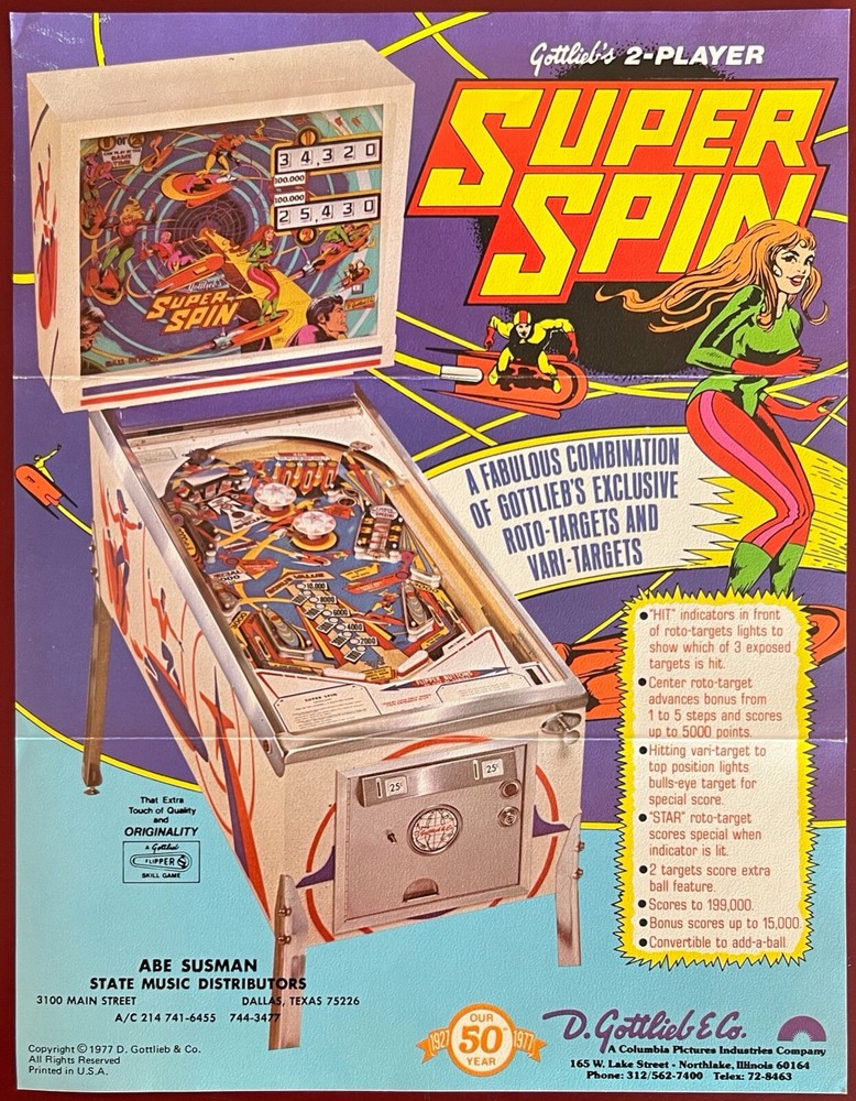 1977 Gottlieb Super Spin Original Pinball Flyer
