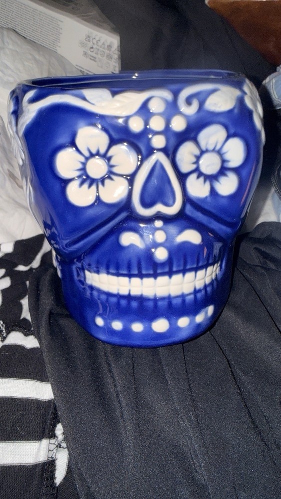 Ceramic Blue And White Skull Planter. Perfect Condition. Medium.