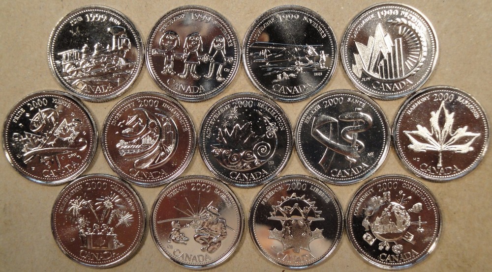 Canada 13 Different 1999-2000 Millenium Twenty-Five Cents PL as Pictured