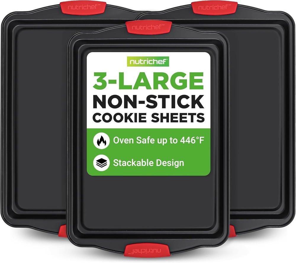 NutriChef 3-Piece Large Nonstick Cookie Sheets for Baking (Open Box)