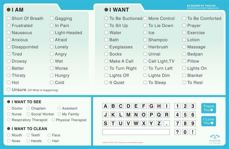 EZ Board, Vidatak Patient Communication Board, English