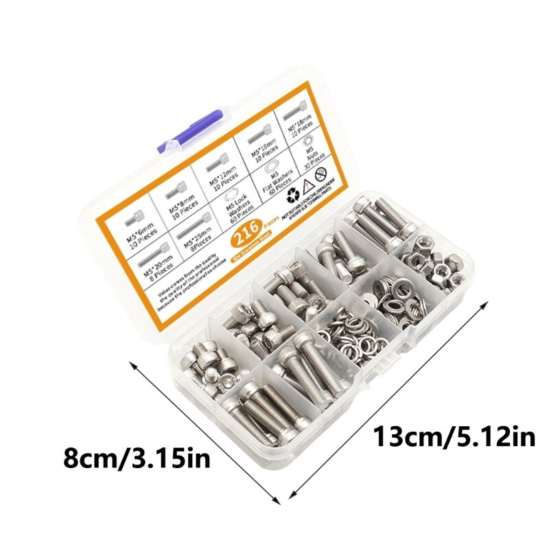 216Pcs Hexagon Socket Head Caps Screw with Flat & Lock Washers Enduring