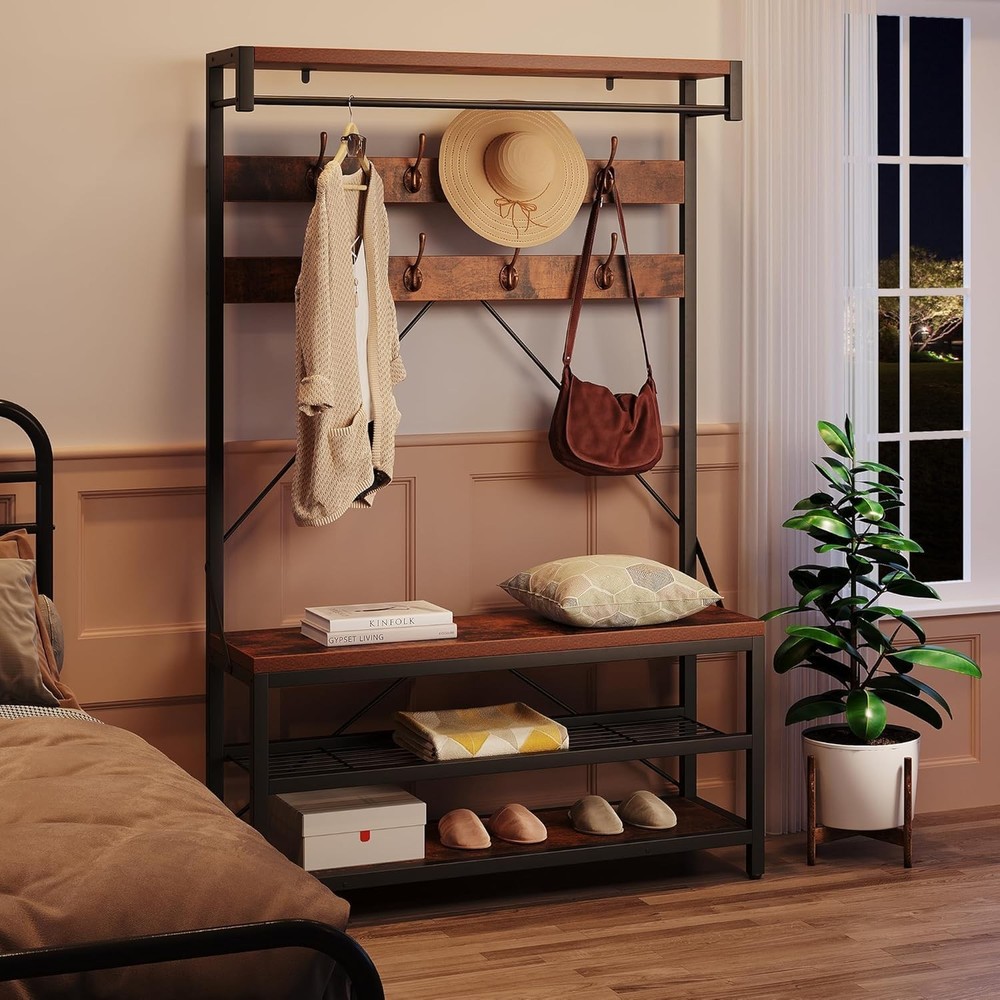 Space-Saving Multi-Function Organizer, Bench, Shoe Rack& Coat Hooks for Entryway