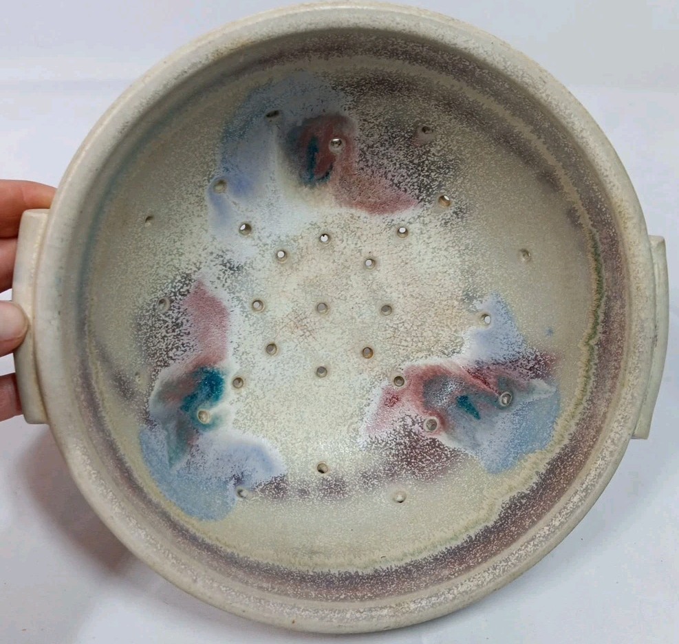 Studio Art Pottery Ceramic Bowl Colander Strainer Signed 8 Inch Diameter
