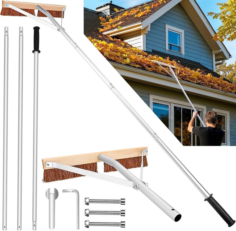 Adjustable 21 Ft Roof Brush & Rake Tool for Easy Leaf Removal, Lightweight & Com