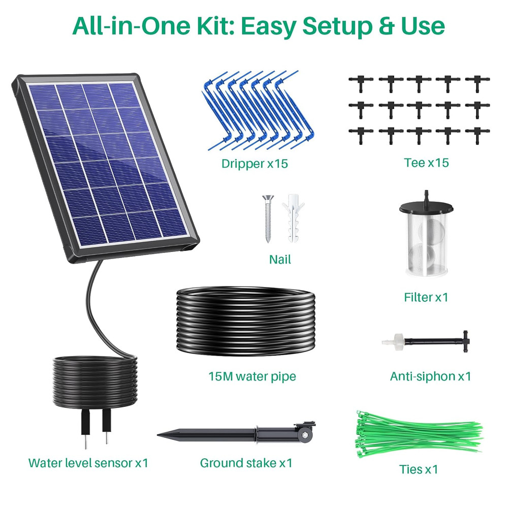 4W Solar Automatic Drip Irrigation Kit with LCD Timer, Customizable Watering Dur