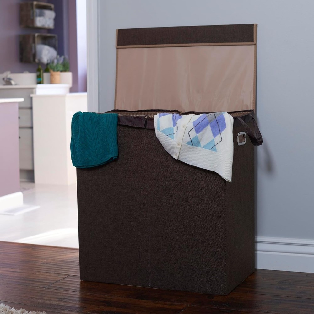 Double Laundry Hamper with Lid, Two Compartments for Easy Sorting with Remova...