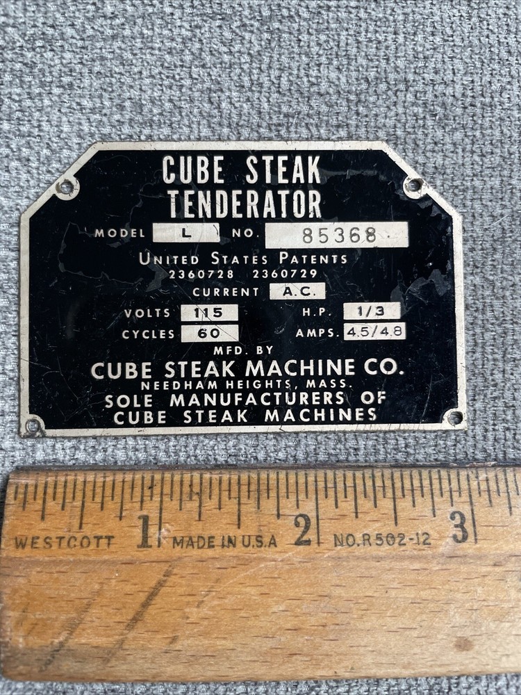 Vintage Cube Steak Tenderator Specifications Plate