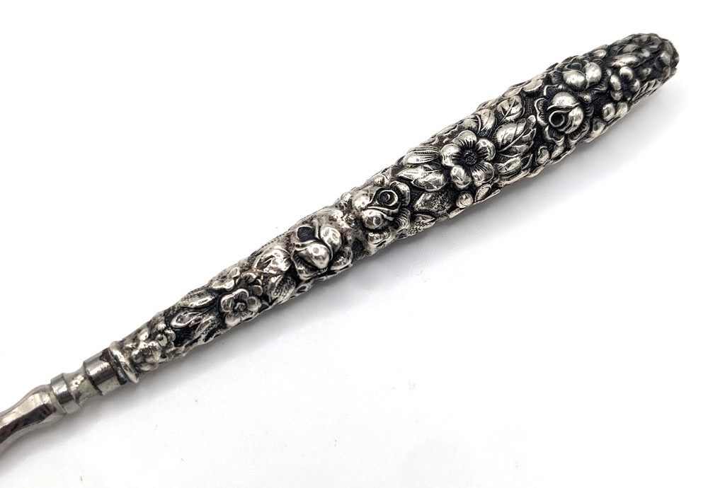 Antique Victorian Repousse Floral Sterling Silver ? Button Hook