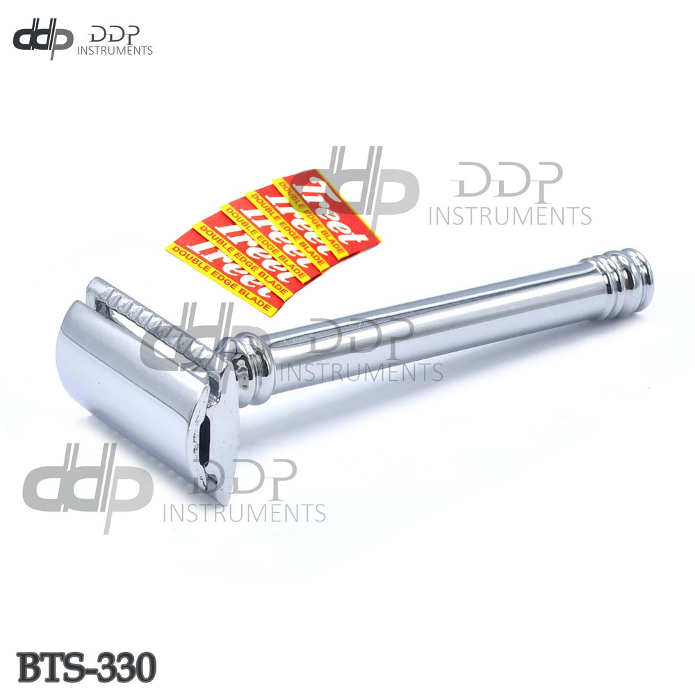 Plain Long Handle Safety Razor Chrome Plated +5 Blades Double Edge BTS-330