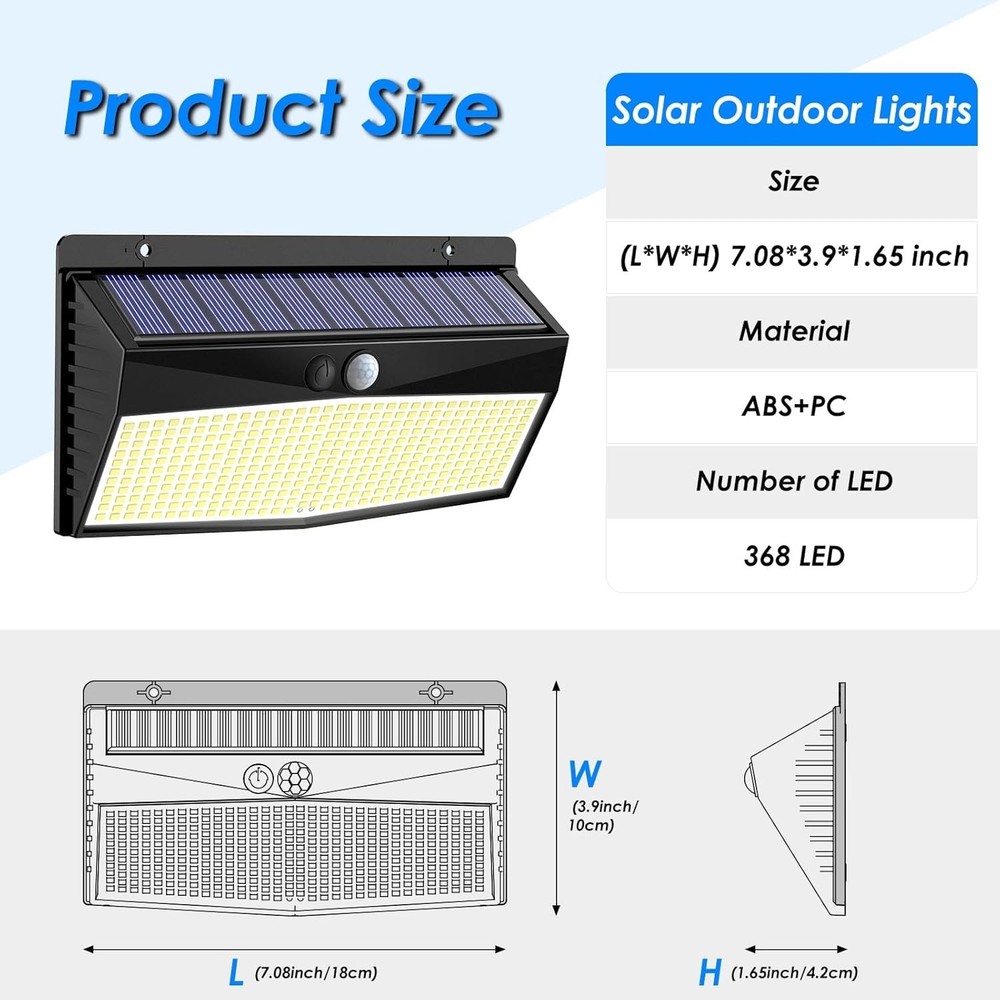 Solar Motion Sensor Lights 368 LED Outdoor Waterproof Security Wall Light