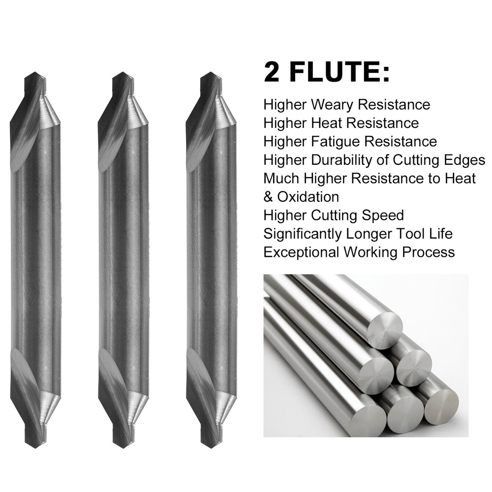 5PCS 60 Degree Solid Carbide 7/64" x 1/4" x 2" Center Drills - Double End