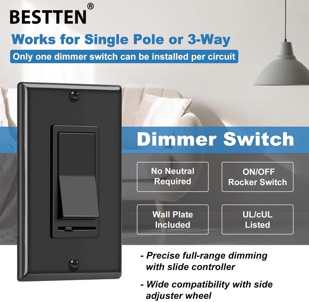 [10 Pack] BESTTEN Dimmer Wall Light Switch, Compatible with Dimmable LED, CFL...