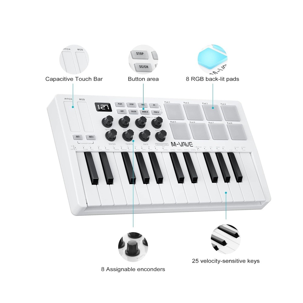 M-WAVE MIDI Keyboard Bluetooth - 25-Key Pad Controller with Drum Pads, Knobs