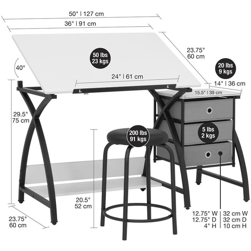 Studio Designs Comet Center Plus Drawing Table with Stool in Black and White