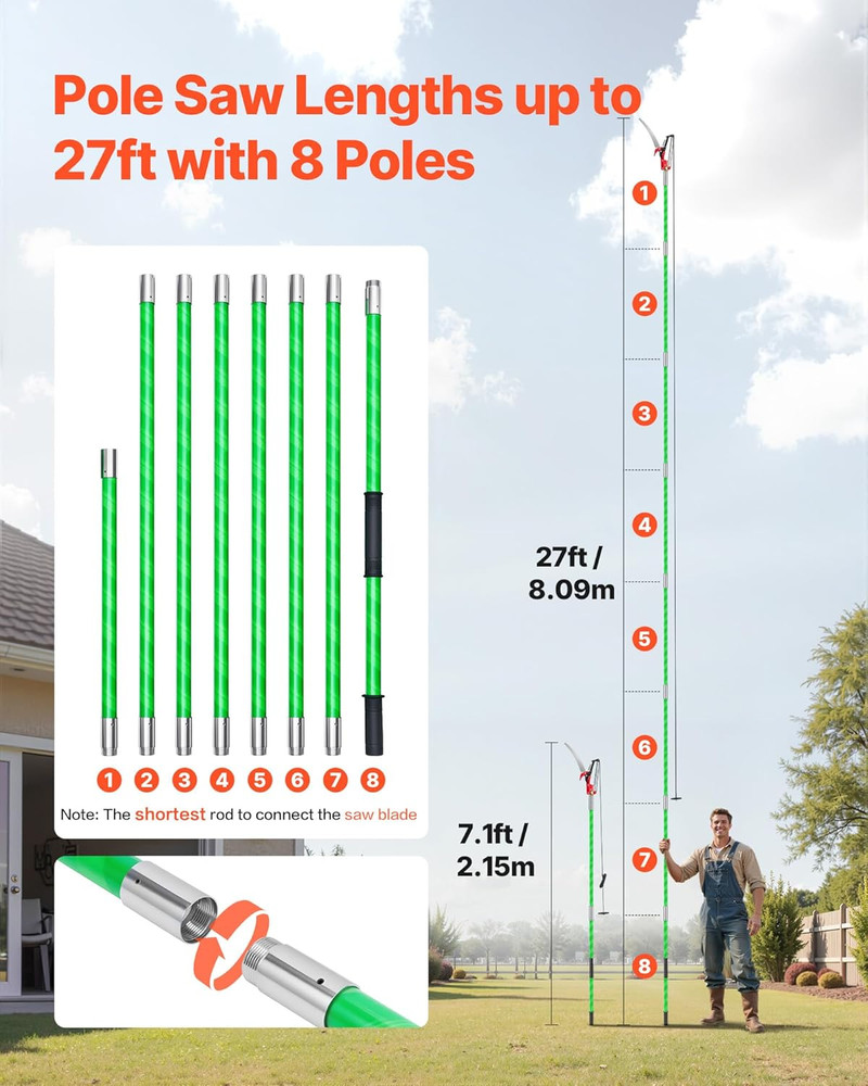 Manual Pole Saw, 3.87-27 Ft Extendable Pole Tree Pruner with Scissors, Sharp 65M
