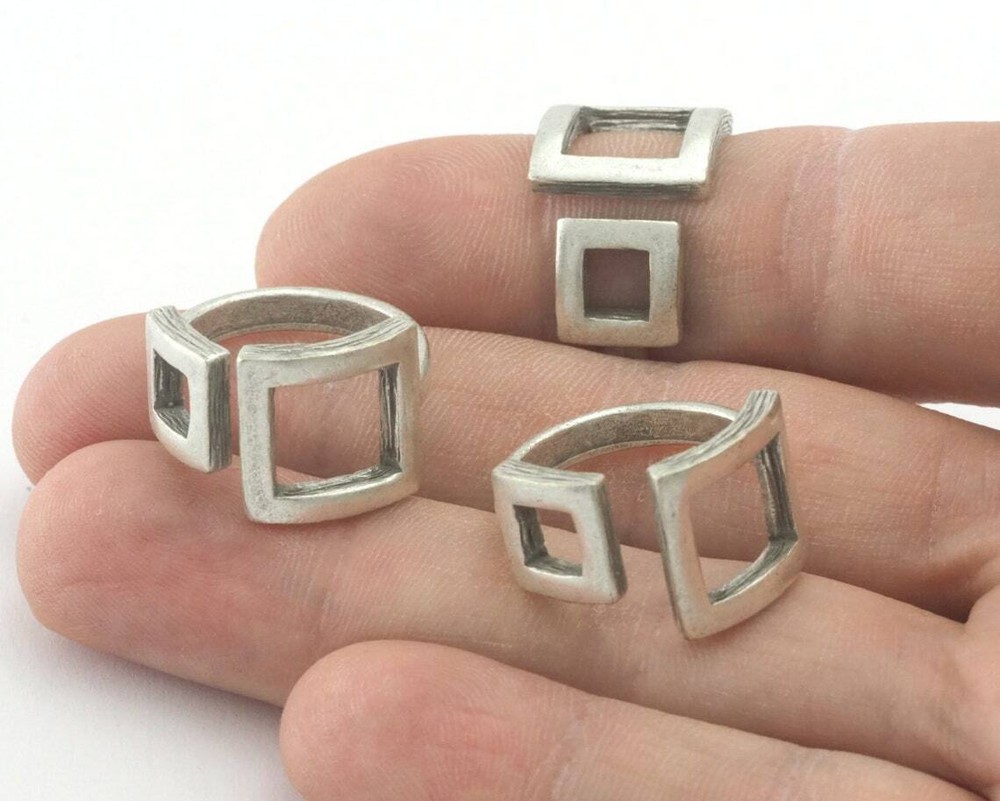 Square Frames Adjustable Statement Ring Antique silver plated brass 6-8US 4347