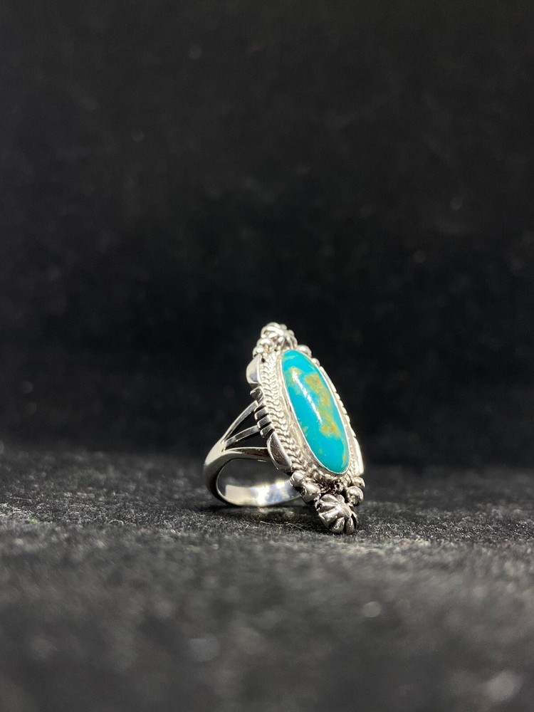 Native American Navajo fox turquoise Sterling Silver Ring Size 7.25 signed