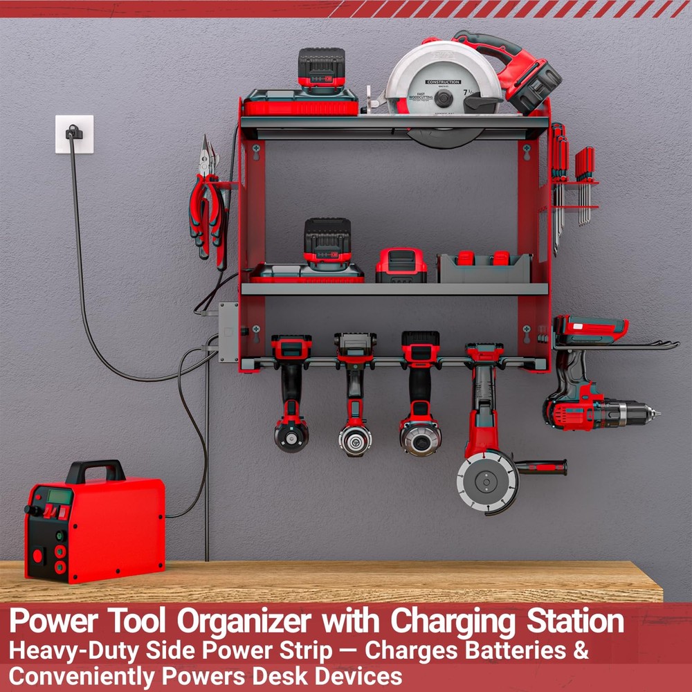 YYR Power Tool Organizer Wall Mount with Charging Station, Cordless Tools Red