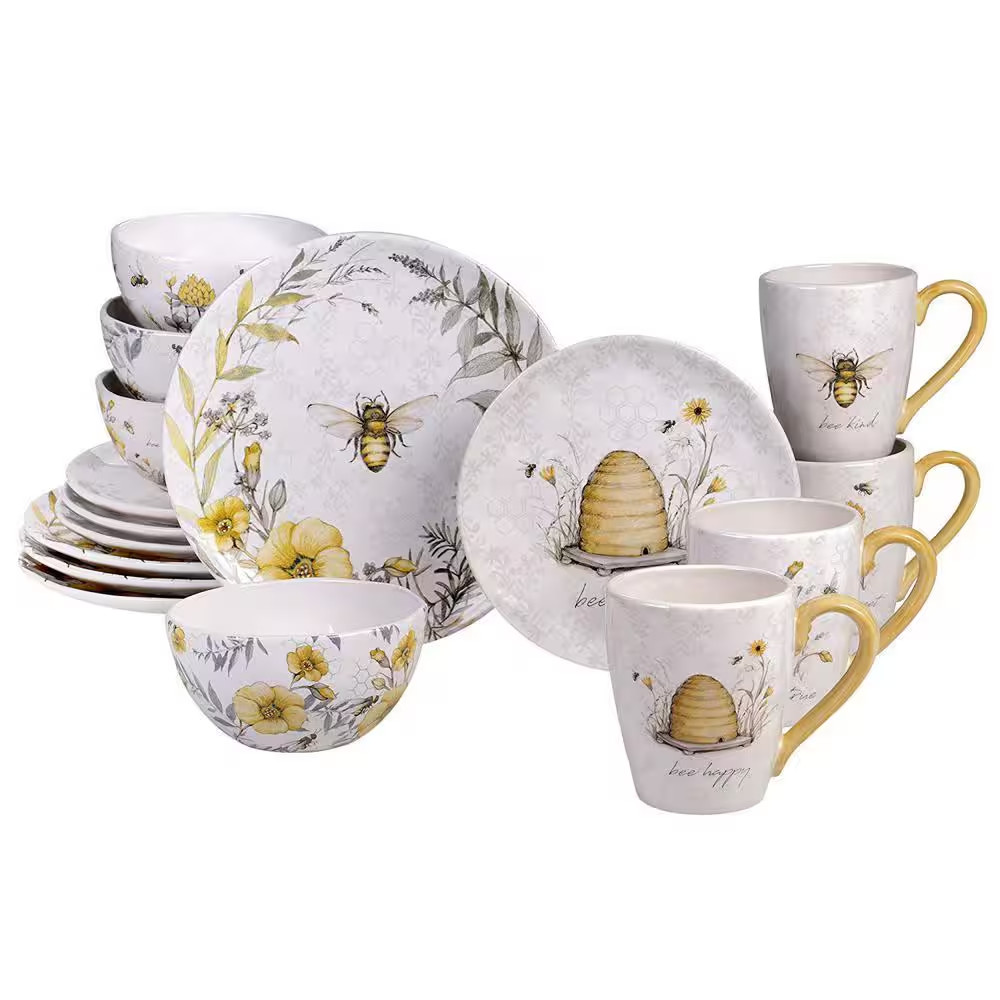 Bee Sweet 16-Piece Seasonal Multicolored Earthenware Dinnerware Set (Service for
