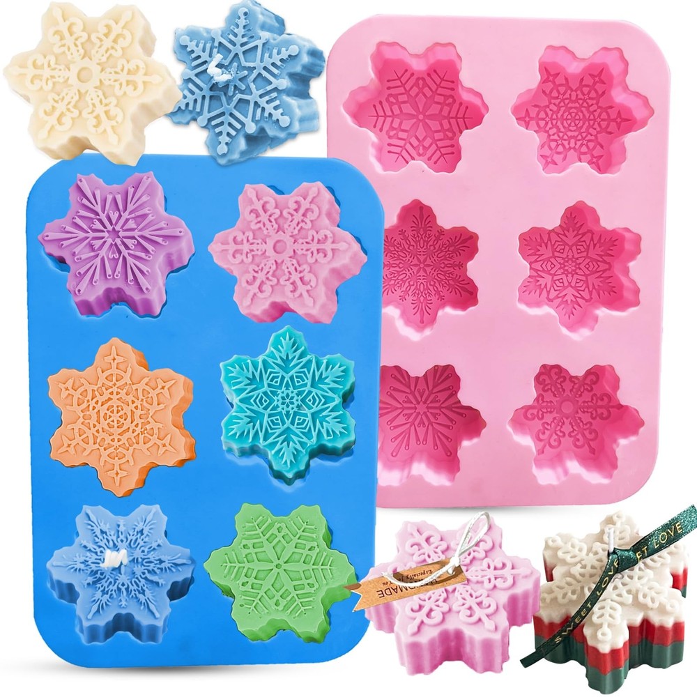 2PCS Thickened Snowflake Soap Molds, 6-Cavity Snowflake Silicone Molds for So...
